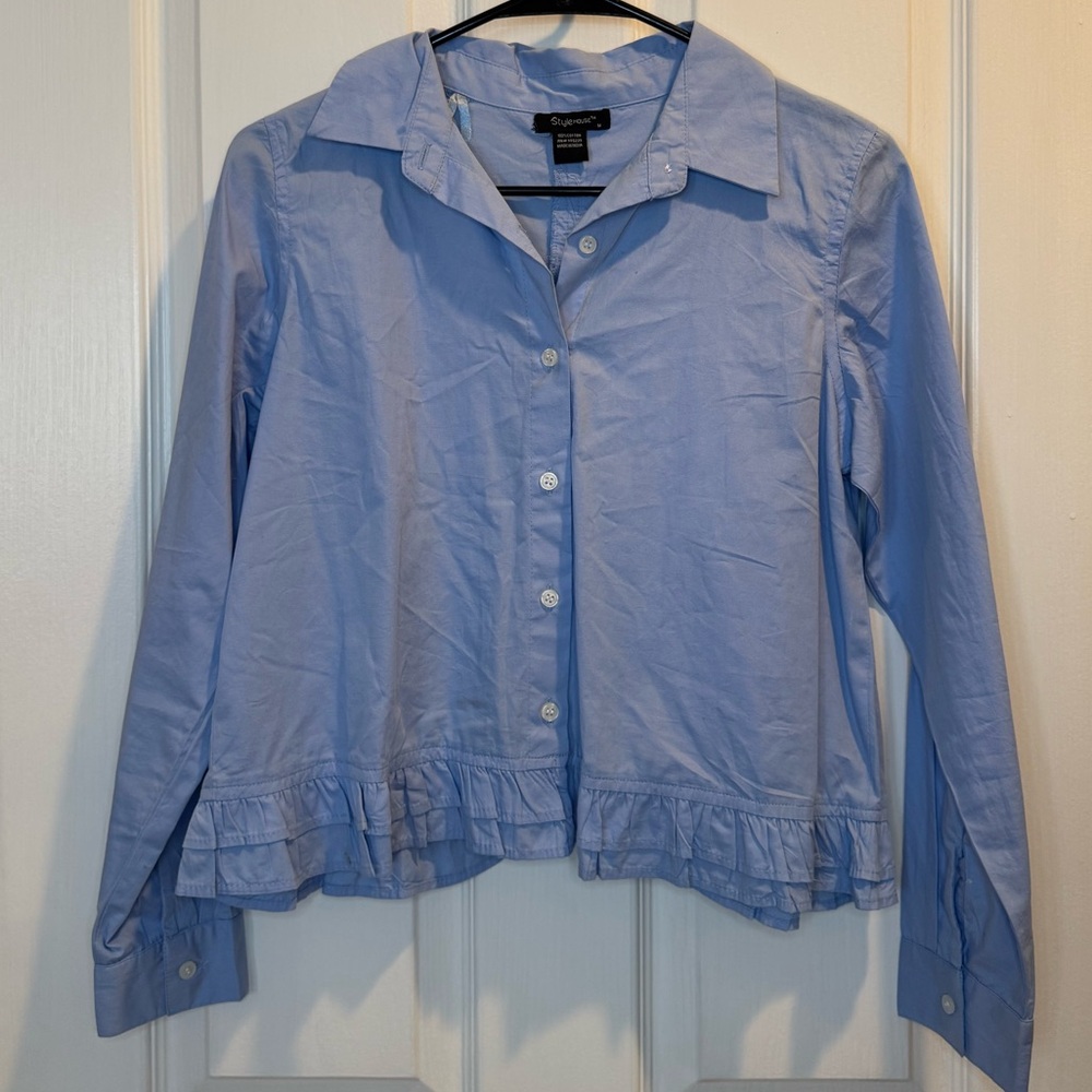 Soprano Light Blue Ruffle Hem Button-Down Shirt